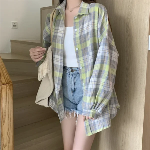 Plaid Shirt Women Autumn Long Sleeve Top Female Vintage Fashion Single Breasted Blouse Ladies Preppy Style Loose Check Shirts - Image 40