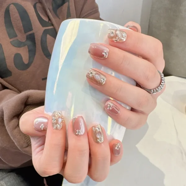 Pink Cat Eye Press-On Nails with Diamonds – Square Full Cover Tips 10PCS