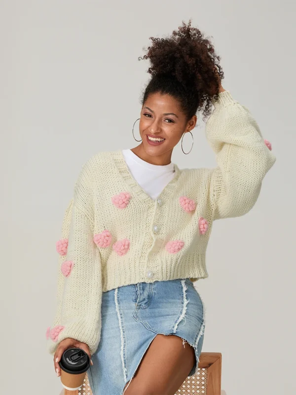 Cropped Heart/Flower Knit Cardigan - Image 4