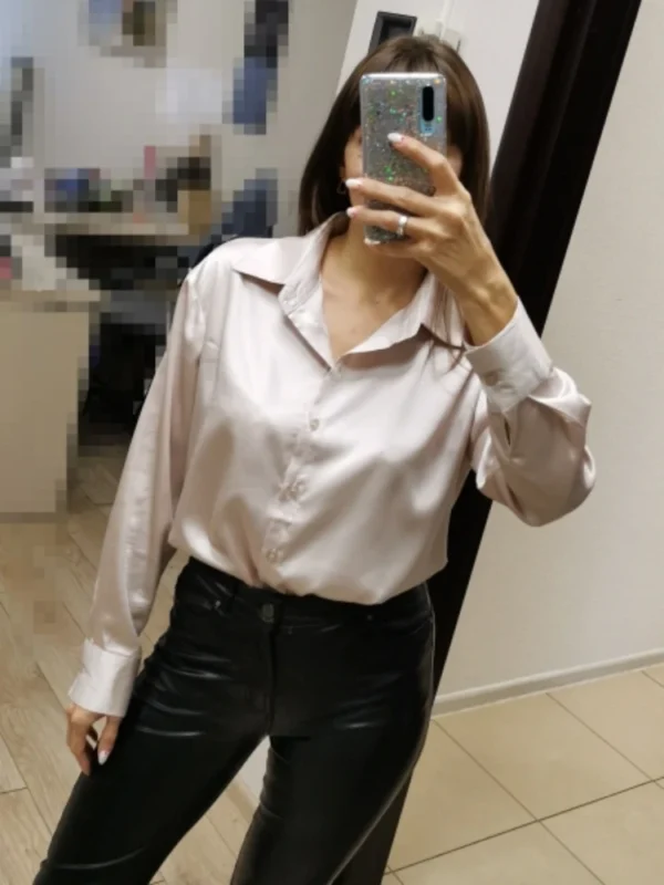 Elegant Satin Loose Women Shirt Spring Turn-down Collar Ladies Blouse Autumn Vintage Casual Button Silk Tops - Image 6