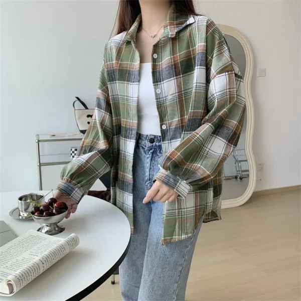 Plaid Shirt Women Autumn Long Sleeve Top Female Vintage Fashion Single Breasted Blouse Ladies Preppy Style Loose Check Shirts - Image 56