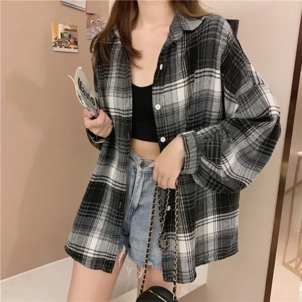 Plaid Shirt Women Autumn Long Sleeve Top Female Vintage Fashion Single Breasted Blouse Ladies Preppy Style Loose Check Shirts - Image 67