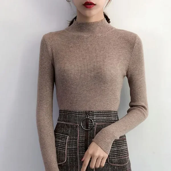 Autumn Winter Mock Neck Women Sweater Vintage Basic Solid Knitted Tops Casual Slim Pullover Korean Sweaters Simple Chic Jumpers - Image 7