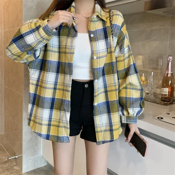 Plaid Shirt Women Autumn Long Sleeve Top Female Vintage Fashion Single Breasted Blouse Ladies Preppy Style Loose Check Shirts - Image 47