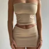 Hugcitar Solid Sleeveless Folds Tube Crop Top Skirts 2 Piece Matching Set Summer Fashion Streetwear Beach Clothing Drop Shipping - Image 9