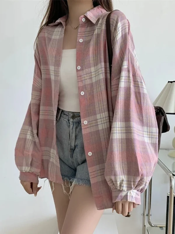 Plaid Shirt Women Autumn Long Sleeve Top Female Vintage Fashion Single Breasted Blouse Ladies Preppy Style Loose Check Shirts - Image 23