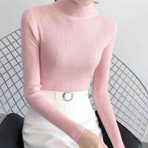 Autumn Winter Mock Neck Women Sweater Vintage Basic Solid Knitted Tops Casual Slim Pullover Korean Sweaters Simple Chic Jumpers - Image 10