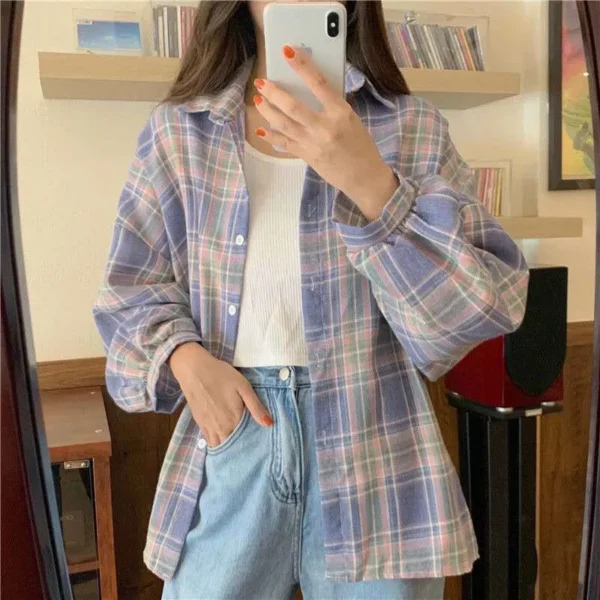 Plaid Shirt Women Autumn Long Sleeve Top Female Vintage Fashion Single Breasted Blouse Ladies Preppy Style Loose Check Shirts - Image 12