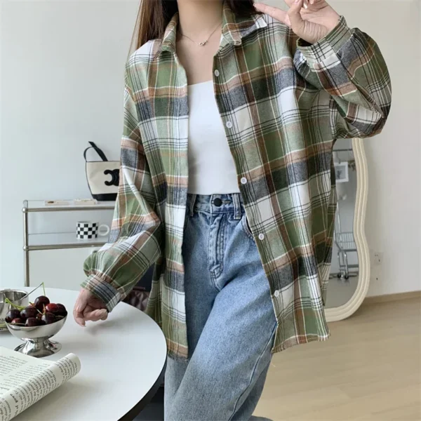 Plaid Shirt Women Autumn Long Sleeve Top Female Vintage Fashion Single Breasted Blouse Ladies Preppy Style Loose Check Shirts - Image 57