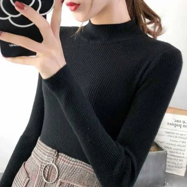Autumn Winter Mock Neck Women Sweater Vintage Basic Solid Knitted Tops Casual Slim Pullover Korean Sweaters Simple Chic Jumpers - Image 14