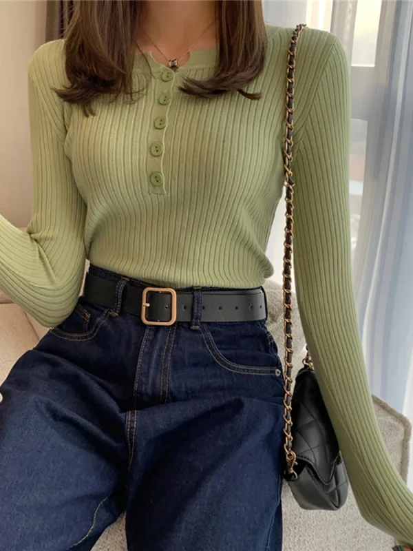 Knitted Women Sweater Button O-neck Pullovers Spring Autumn Basic Sweaters for Female Pullover Slim Solid Bold Stripes Tops - Image 6