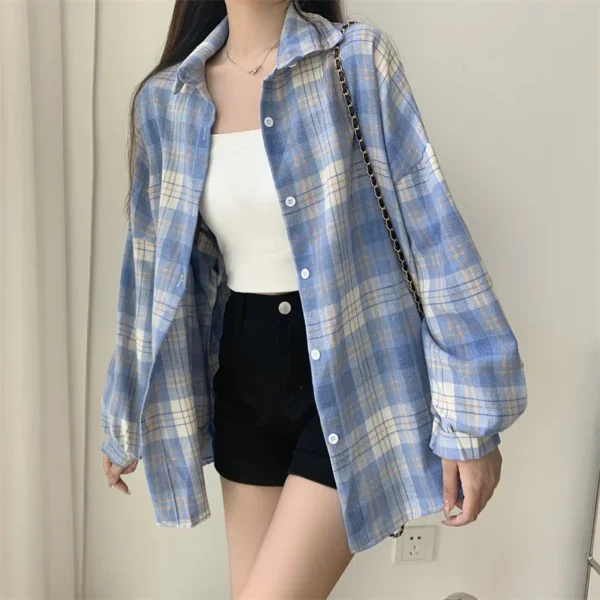 Plaid Shirt Women Autumn Long Sleeve Top Female Vintage Fashion Single Breasted Blouse Ladies Preppy Style Loose Check Shirts - Image 31