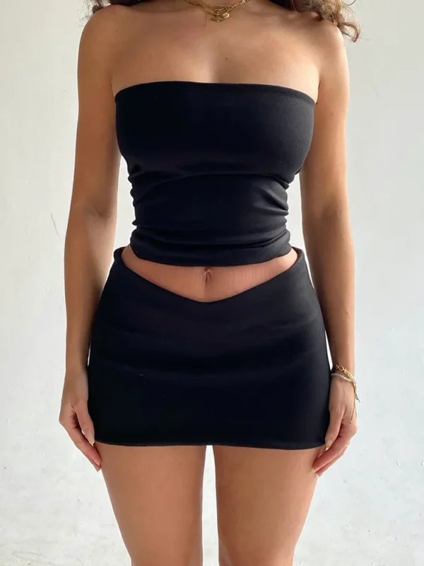Hugcitar Solid Sleeveless Folds Tube Crop Top Skirts 2 Piece Matching Set Summer Fashion Streetwear Beach Clothing Drop Shipping - Image 7
