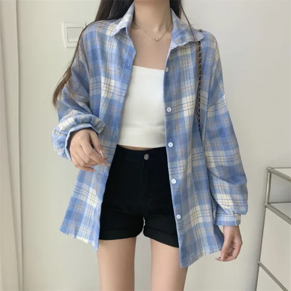 Plaid Shirt Women Autumn Long Sleeve Top Female Vintage Fashion Single Breasted Blouse Ladies Preppy Style Loose Check Shirts - Image 30