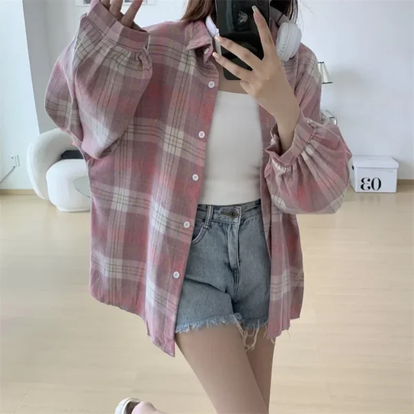 Plaid Shirt Women Autumn Long Sleeve Top Female Vintage Fashion Single Breasted Blouse Ladies Preppy Style Loose Check Shirts - Image 33