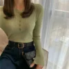 Knitted Women Sweater Button O-neck Pullovers Spring Autumn Basic Sweaters for Female Pullover Slim Solid Bold Stripes Tops - Image 27