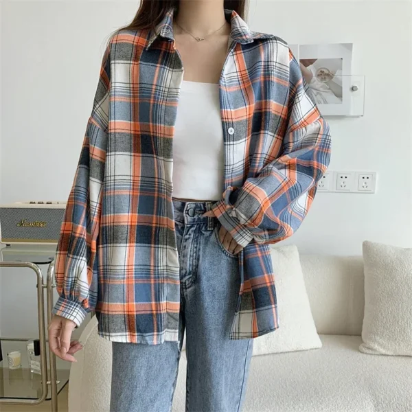 Plaid Shirt Women Autumn Long Sleeve Top Female Vintage Fashion Single Breasted Blouse Ladies Preppy Style Loose Check Shirts - Image 60
