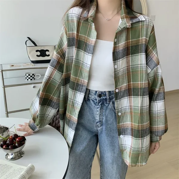 Plaid Shirt Women Autumn Long Sleeve Top Female Vintage Fashion Single Breasted Blouse Ladies Preppy Style Loose Check Shirts - Image 55
