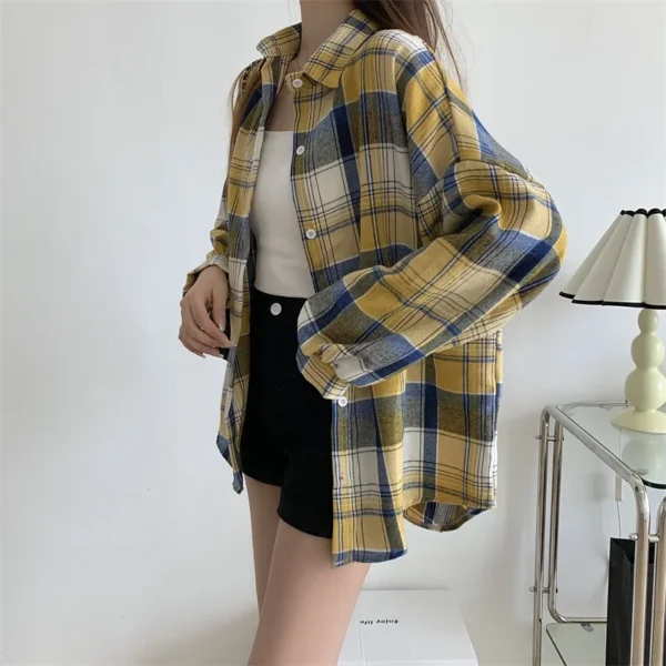 Plaid Shirt Women Autumn Long Sleeve Top Female Vintage Fashion Single Breasted Blouse Ladies Preppy Style Loose Check Shirts - Image 50