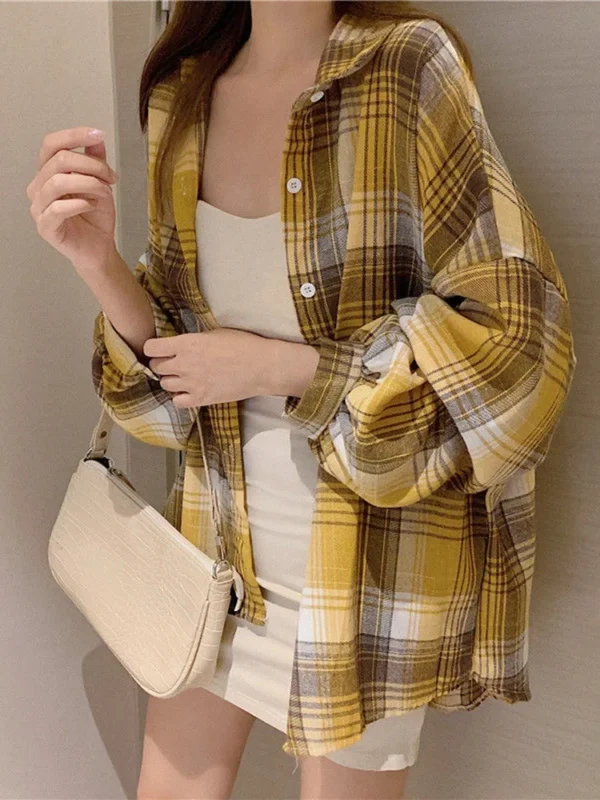 Plaid Shirt Women Autumn Long Sleeve Top Female Vintage Fashion Single Breasted Blouse Ladies Preppy Style Loose Check Shirts - Image 21
