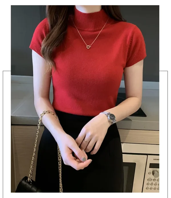 Women's Half-High Neck T-Shirt Fashion Jumper Casual Tops Korean Style Elegant Solid-Coloured Clothing Spring And Summer Season - Image 22
